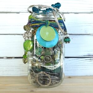 Teal Green & Silver Curated Mystery Jewelry Jar 1lb 14oz Vintage To Modern 6h